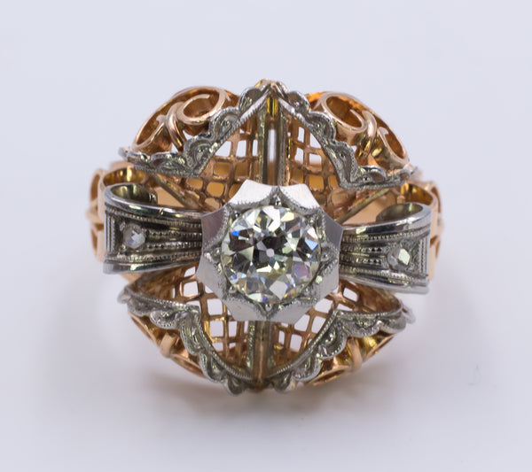 Bague Art Déco en or bicolore avec un diamant central 1ct, années 1930/40