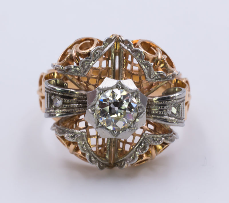 Anello Art Decò in oro bicolore con diamante centrale di 1ct , anni 30/40
