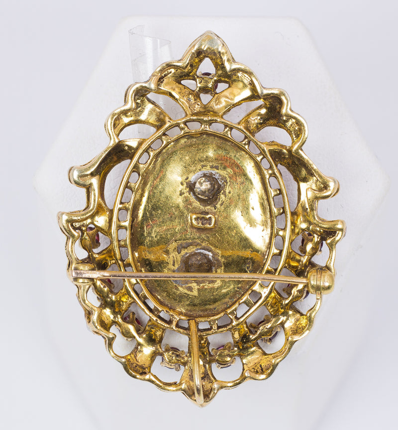 Spilla vintage in oro 18k con smalti, pasta di vetro e perline. Anni 50 - Antichità Galliera