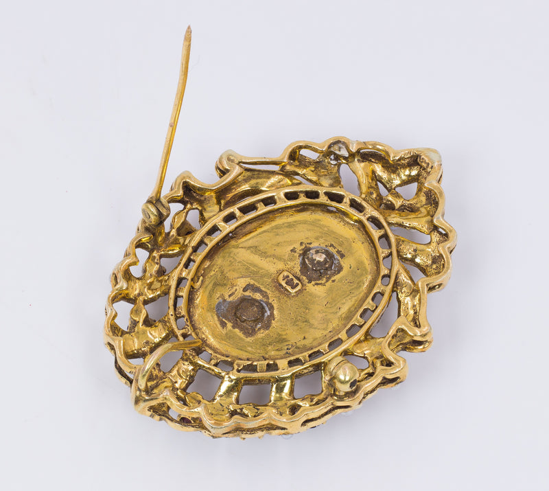 Spilla vintage in oro 18k con smalti, pasta di vetro e perline. Anni 50 - Antichità Galliera