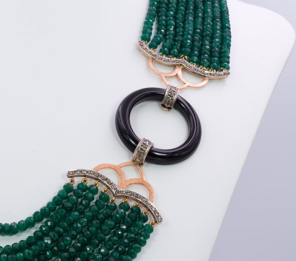 Emerald necklace with gold, onyx and diamond clasp