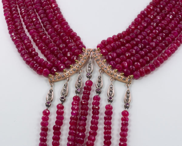 Ruby necklace with gold and rosette cut diamonds