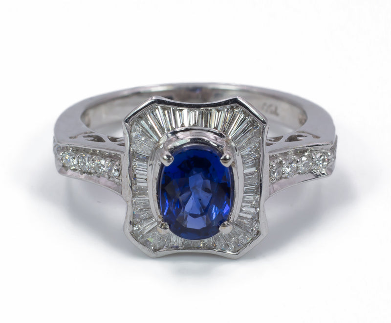 Vintage white gold ring with sapphire and diamonds, 1950s