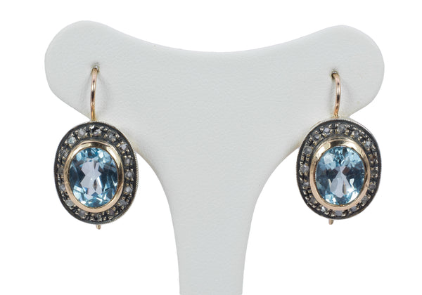 Boucles d'oreilles vintage en or et argent avec topazes bleues et rosaces, style début des années 1900