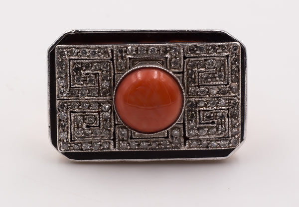 Art Decò ring in gold and silver with coral, diamonds and onyx