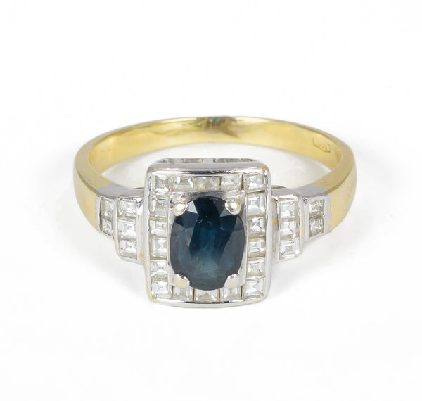 Vintage two-tone gold ring with diamonds and sapphire, 1950s