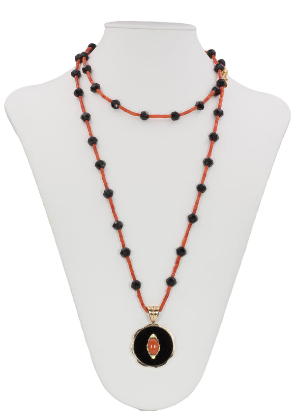 Coral, onyx and 9k gold necklace with pendant, early 1900s