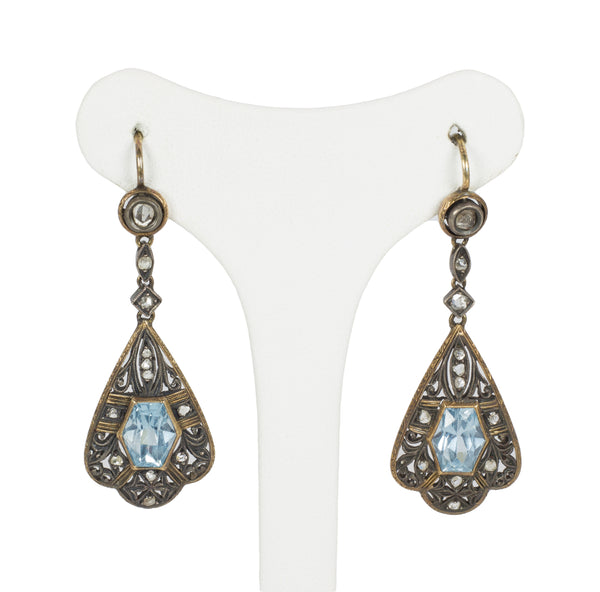 Boucles d'oreilles Liberty en or et argent avec aigues-marines et rosaces en diamant