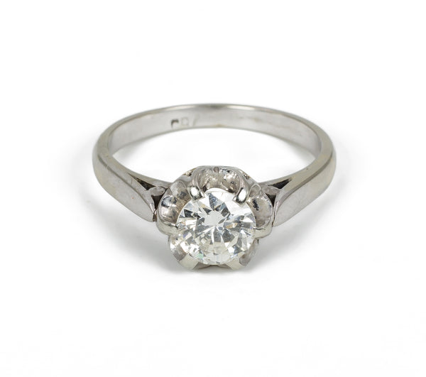 Vintage white gold ring with central 0.6 ct brilliant cut diamond, 1950s