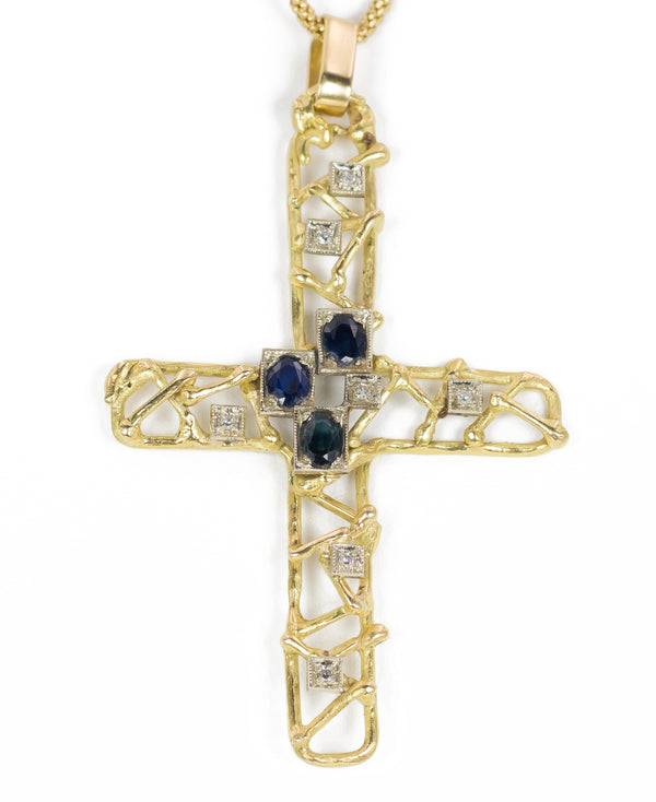 Pendentif croix vintage en or 18 carats avec diamants et saphirs, 1970