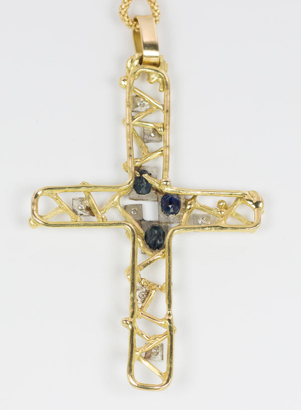 Pendentif croix vintage en or 18 carats avec diamants et saphirs, 1970