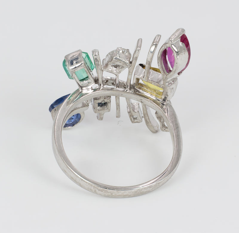 Vintage white gold ring with diamonds, sapphires, ruby, emerald and topaz. 70's
