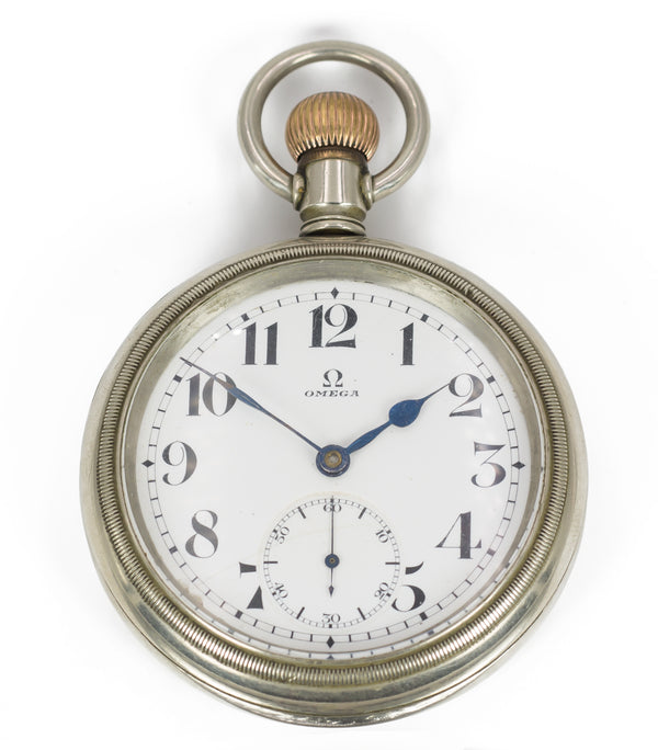 Omega pocket watch in steel with flap, early 1900s