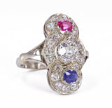 Antique 18K white gold ring with 3 ct diamonds, ruby and sapphire, 20s / 30s - Antichità Galliera