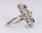 Antique 18K white gold ring with 3 ct diamonds, ruby and sapphire, 20s / 30s - Antichità Galliera