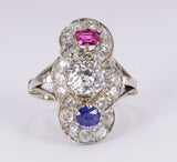 Antique 18K white gold ring with 3 ct diamonds, ruby and sapphire, 20s / 30s - Antichità Galliera