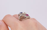 Antique 18K white gold ring with 3 ct diamonds, ruby and sapphire, 20s / 30s - Antichità Galliera