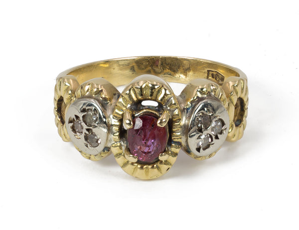 Bague vintage en or avec rubis et rosaces, 1970