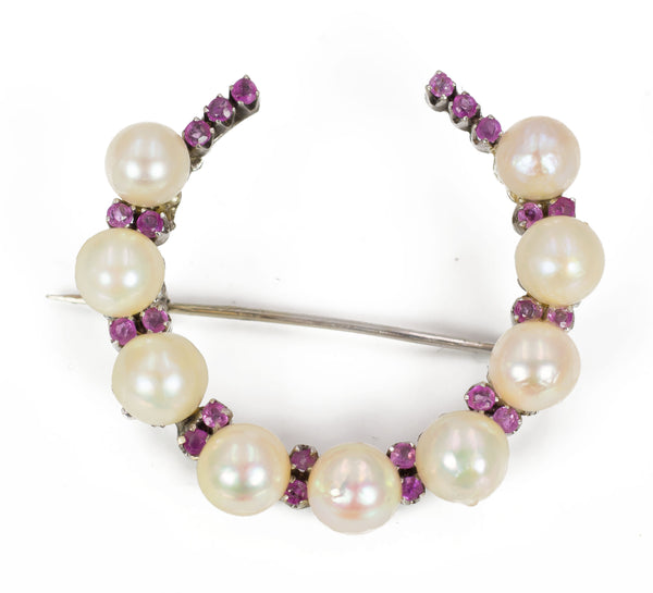Spilla vintage in oro bianco con perle e rubini, anni 50