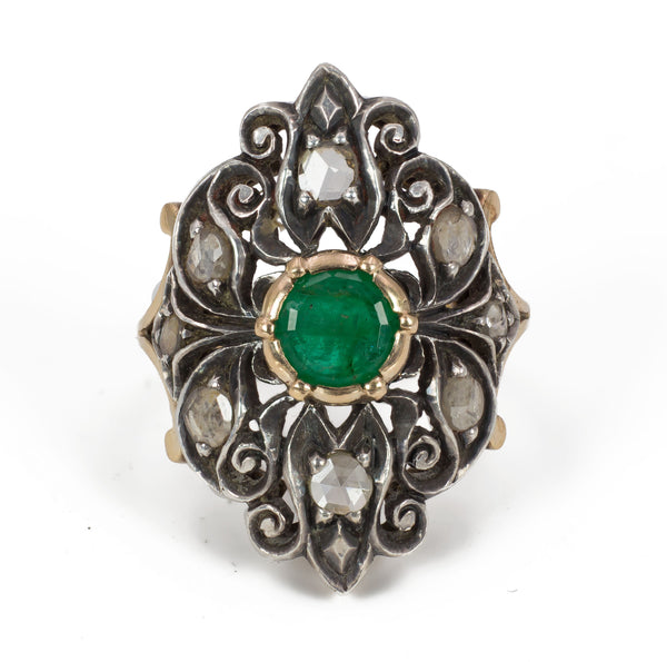 Bague vintage en or et argent avec rosettes de diamants et d'émeraudes, 1950