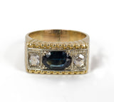 Vintage 18k gold men's ring with sapphire and diamond rosettes, 40s