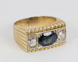 Vintage 18k gold men's ring with sapphire and diamond rosettes, 40s