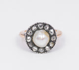 Antique 18K gold ring with central pearl and diamond rosettes, early 900s - Antichità Galliera