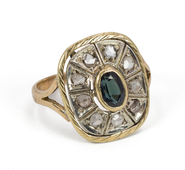 Bague vintage en or et argent avec rosaces en diamant et saphir, 1950