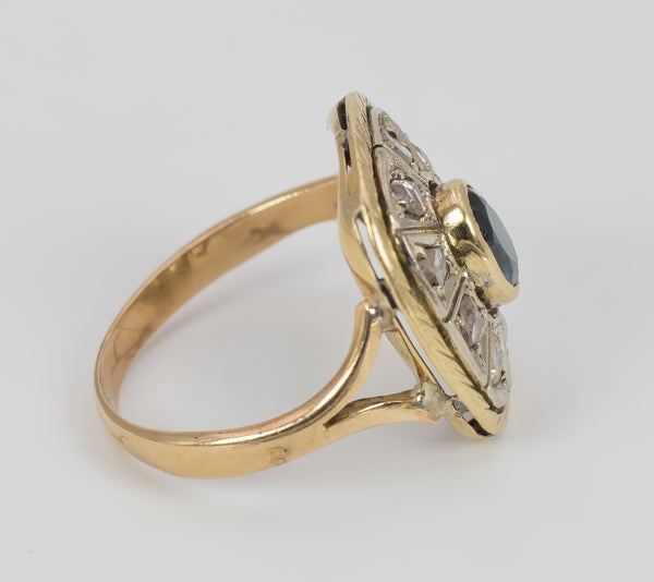 Bague vintage en or et argent avec rosaces en diamant et saphir, 1950