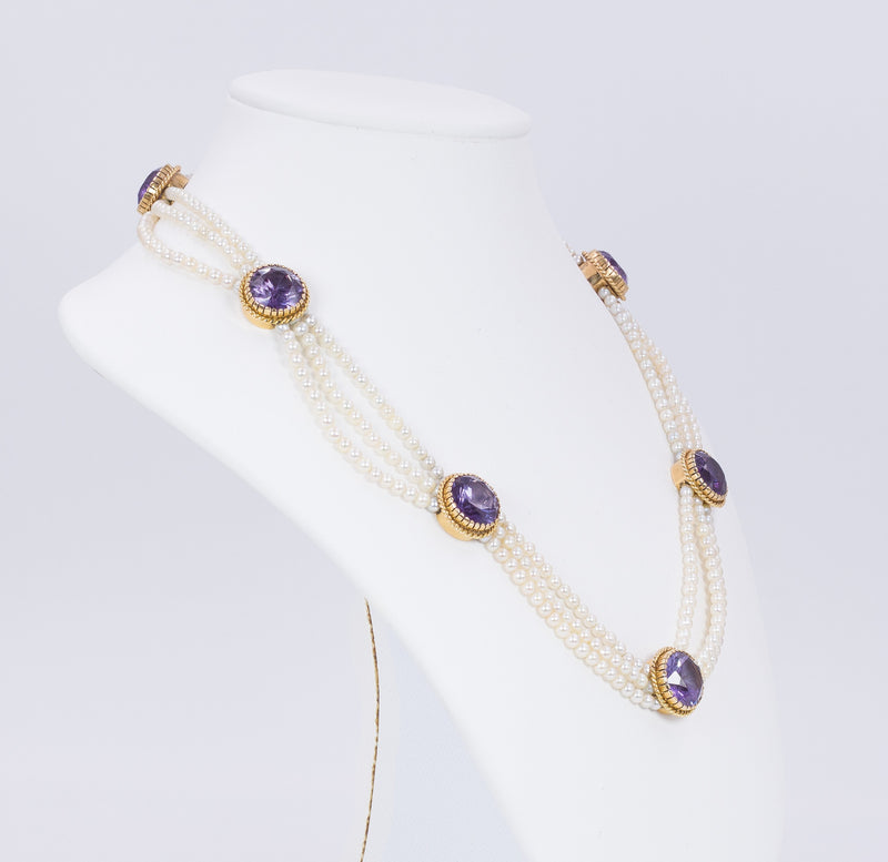 Collier vintage in oro 18k con perline e zaffiri viola, anni 50 - Antichità Galliera