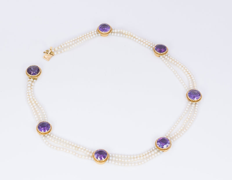 Collier vintage in oro 18k con perline e zaffiri viola, anni 50 - Antichità Galliera