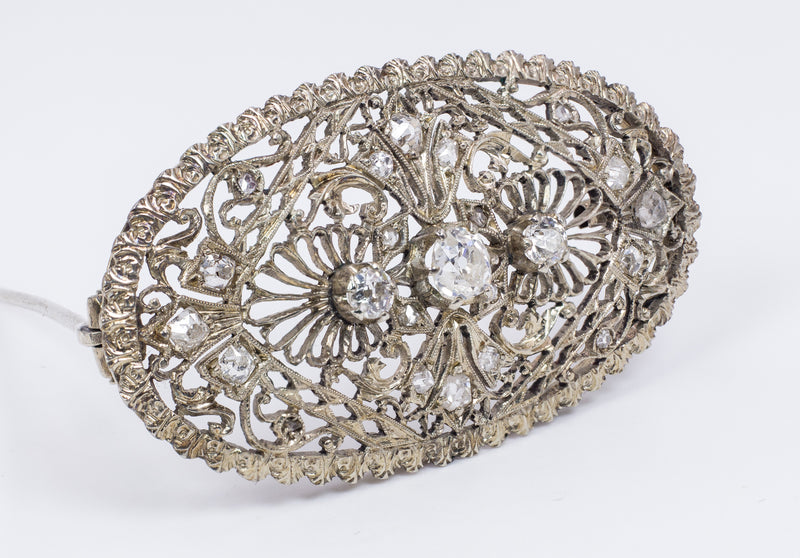 Spilla Art Decò in oro 14k con diamanti taglio vecchio e rosette - Antichità Galliera