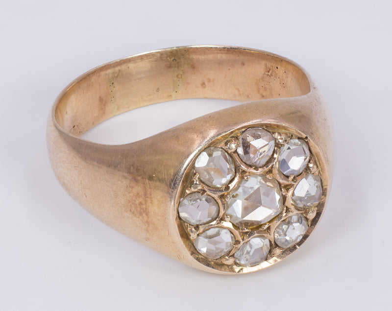 Anello antico chevalier in oro 18K con diamanti di taglio rosa coroné, anni '30/'40 - Antichità Galliera