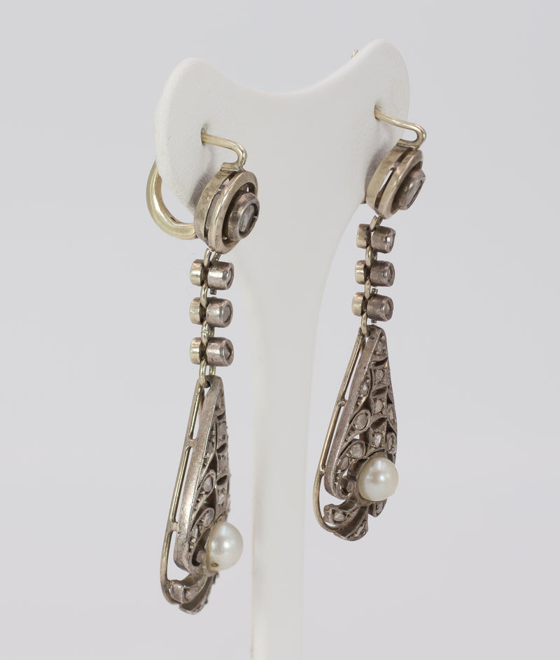 Liberty earrings in gold and silver with diamond and pearl rosettes