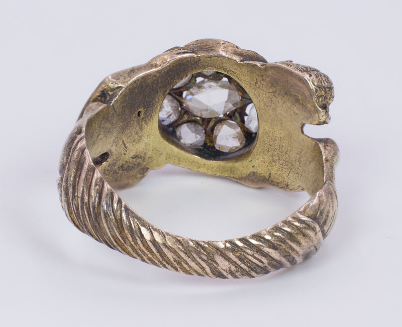 Anello liberty con sirene, in oro 14k  con diamanti taglio rosetta - Antichità Galliera