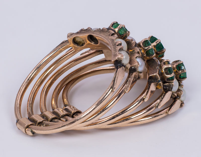 Anello antico multiplo in oro 14k con smeraldi e perline, primi del '900 - Antichità Galliera