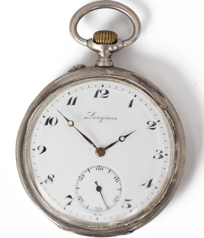 Orologio da tasca Longines in argento con fondello Saurer, fine '800