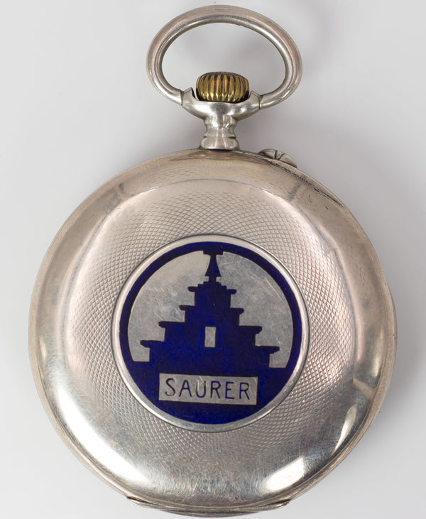 Longines pocket watch in silver with Saurer case back, late 19th century