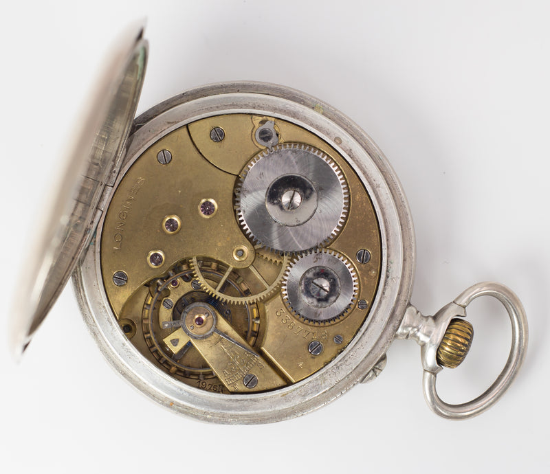 Orologio da tasca Longines in argento con fondello Saurer, fine '800