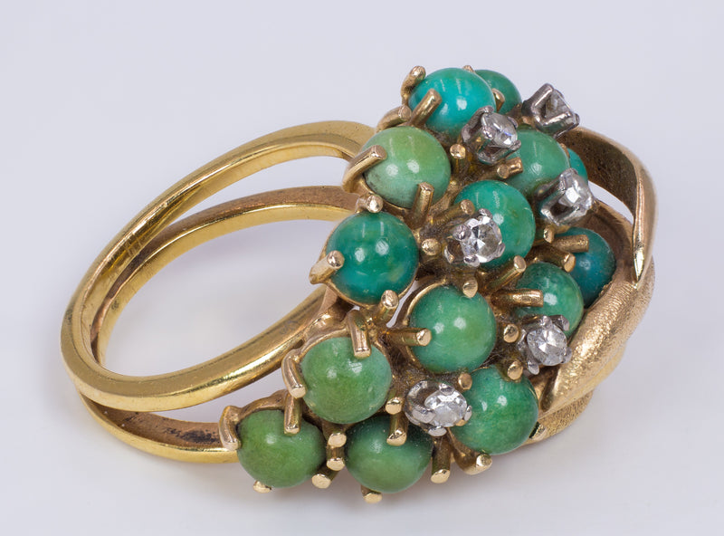 Anello vintage in oro 18K con turchesi e diamanti, anni '50 - Antichità Galliera