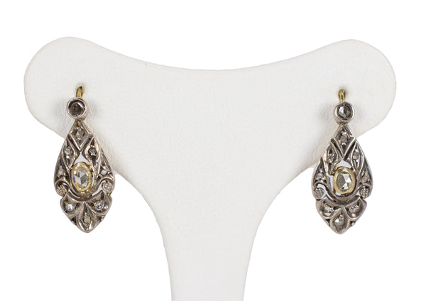 Boucles d'oreilles anciennes en or 18 carats et argent avec rosettes de diamants, début des années 1900