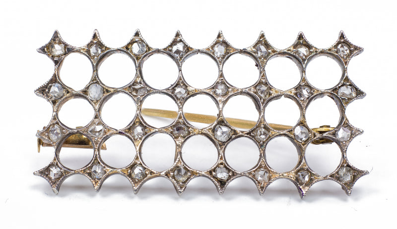Broche ancienne en or 18 carats et argent avec rosaces en diamants, années 1920/30