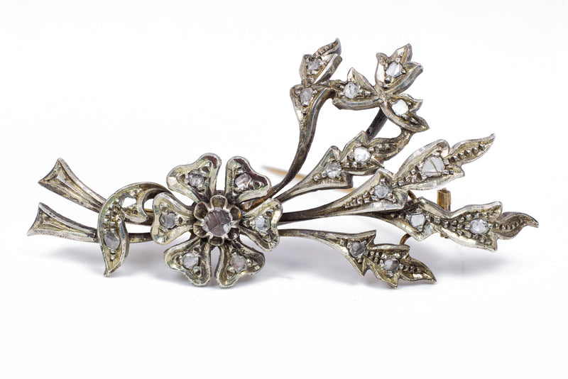 Liberty brooch in 14k gold and silver with diamond rosettes