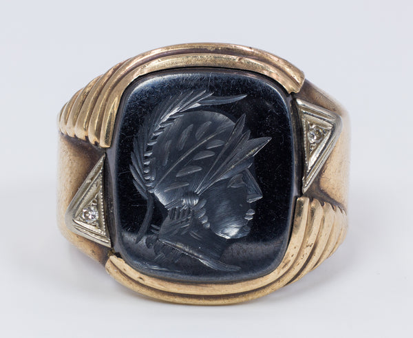 10K gold men's ring with engraved hematite, 1940s