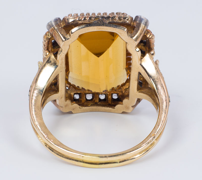 Bague en or 18 carats avec quartz citrine et rosettes de diamants, années 1960