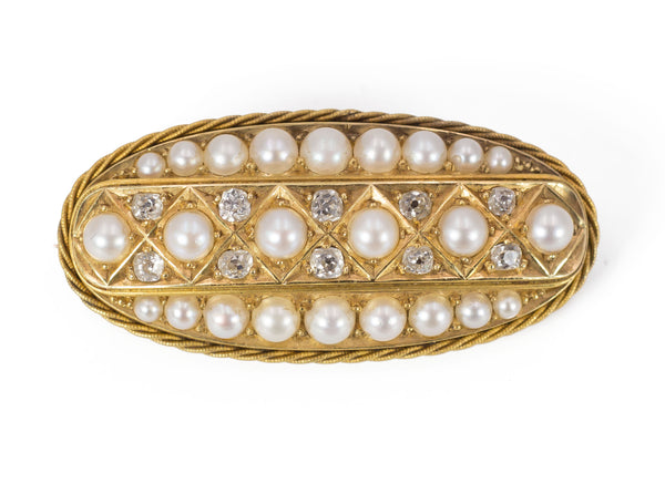 Spilla antica in oro con diamanti taglio vecchio e perle, primi del '900