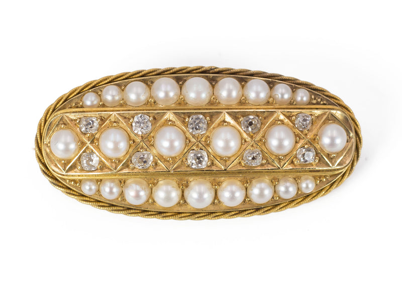Antique gold brooch with old-cut diamonds and pearls, early 1900s