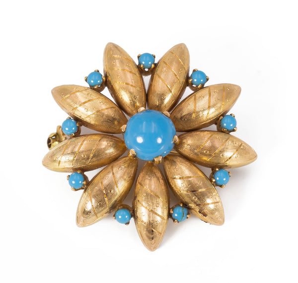 Broche vintage en or 18 carats avec turquoise des années 1940