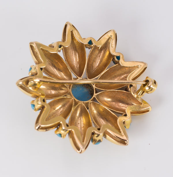 Broche vintage en or 18 carats avec turquoise des années 1940