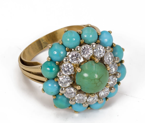 Vintage 18K gold ring with brilliant cut diamonds (approx.1.20ctw) and turquoise, 1960s